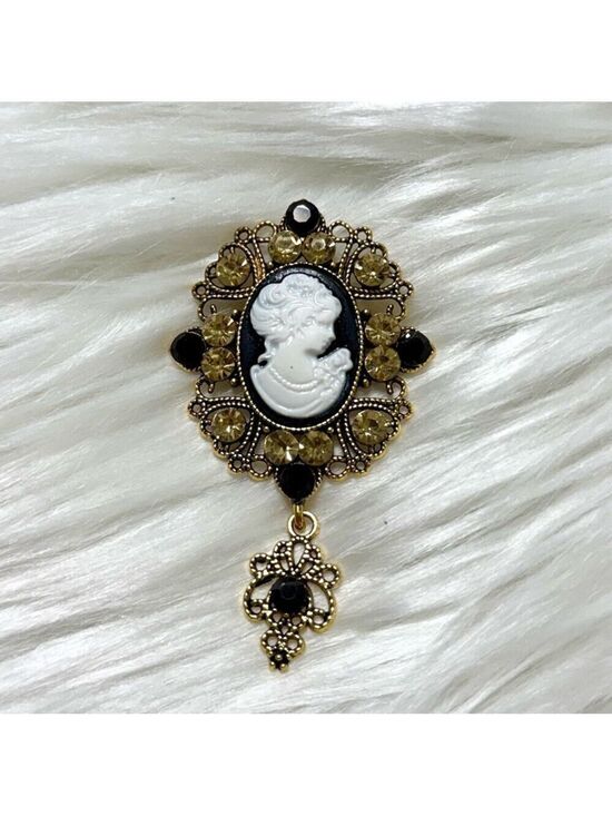 Unbranded Jewelry - Cameo Pendant Gold Tone With  Black & Golden Crystals New